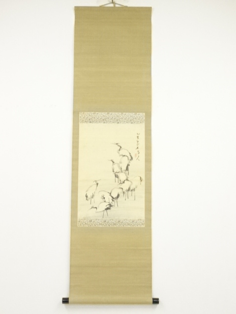 JAPANESE HANGING SCROLL / HAND PAINTED / CRANES (1935)